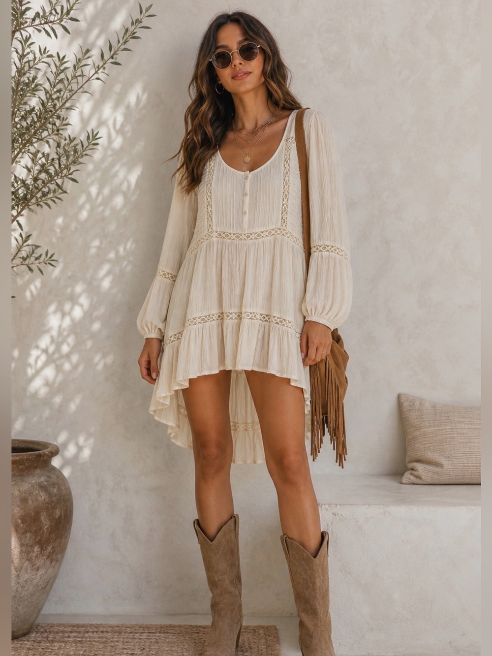 Free People Cream Gauze Crochet-Trim High-Low Tunic